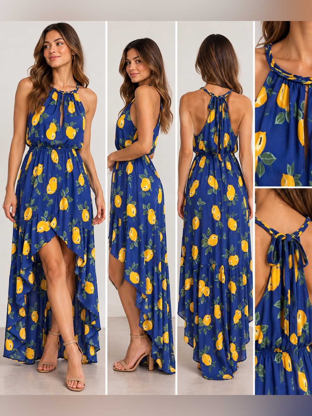 Ultra Pink Navy Lemon Print High-Low Halter Maxi Dress